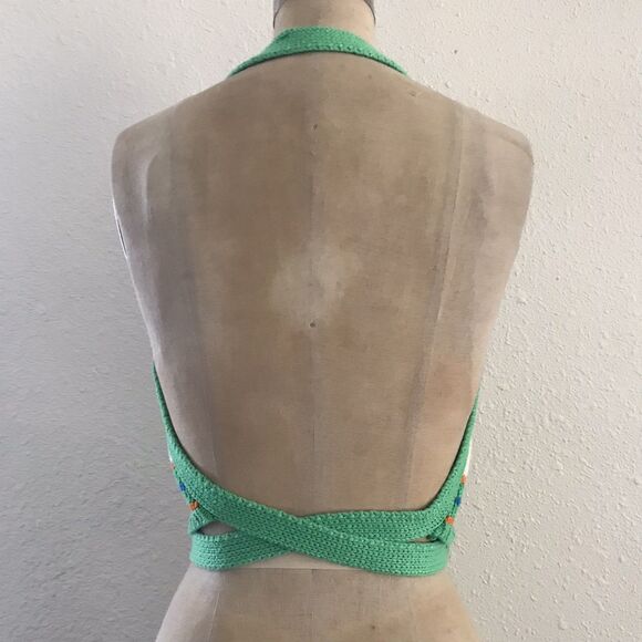 Zara Green Colorful Striped Cotton Cropped Backless Knit Halter Top - S - Picture 4 of 6